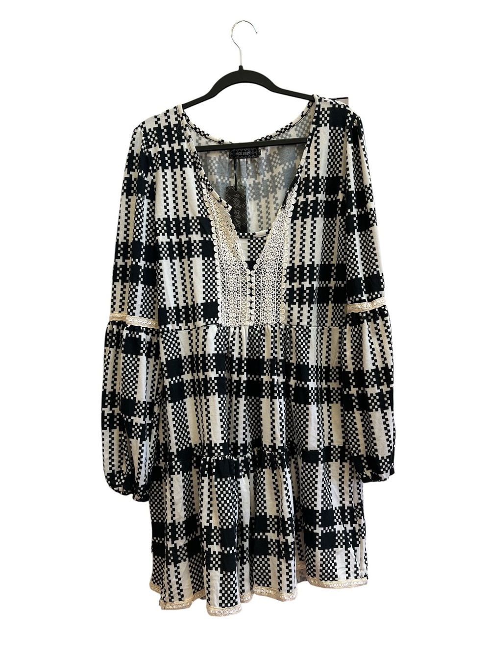Ice Silk Boho Tiered Mini Dress Black Cream Plaid Crochet Trim 2XL NWT Babydoll - Picture 2 of 8